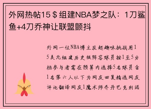 外网热帖15＄组建NBA梦之队：1刀鲨鱼+4刀乔神让联盟颤抖